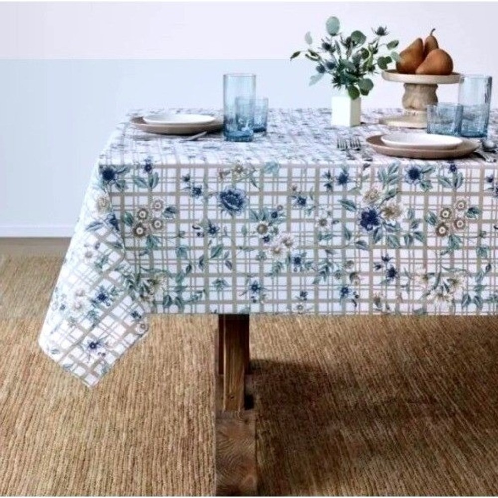 Bee & Willow Tablecloth 60x102 Tan Blue Cottage Floral Plaid Laminate NWT Oblong